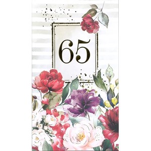 "65 år", blomster og gullfoliert, dobbelt kort