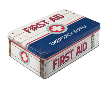 "First Aid" Rektangulær metallboks m/hengslet lokk