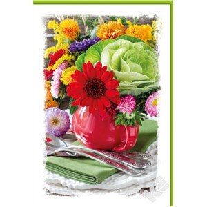 Blomster i rød vase, grønn konvolutt