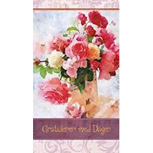 "Gratulerer med dagen" Røde roser i vase, dobbelt kort