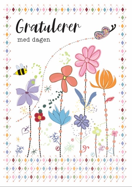 "Gratulerer med dagen" Dobbelt preget kort - Blomster og bie