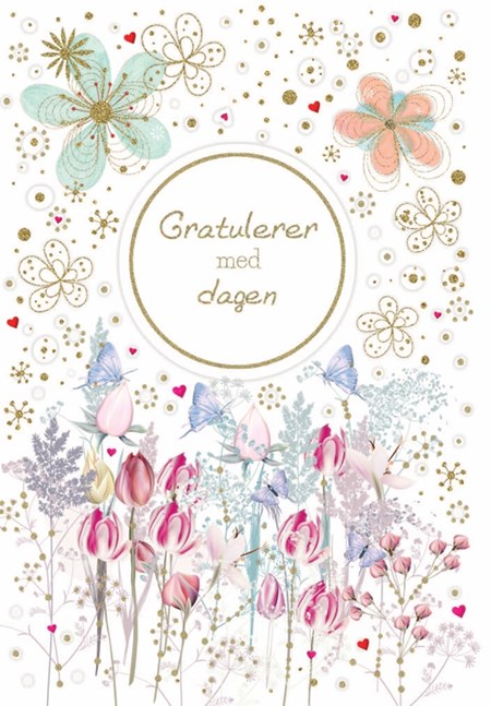 "Gratulerer med dagen" Dobbelt preget kort - Blomsterhage