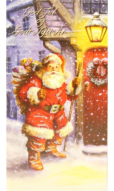 Dobbelt julekort,  Julenisse med sekk og stokk