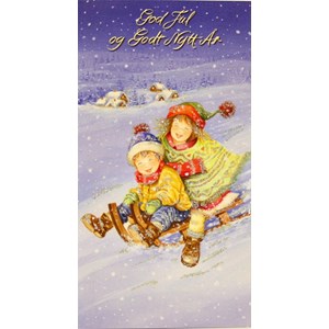 Dobbelt julekort,  Barn på kjelke