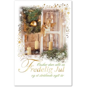 Doble julekort - Kubbelys og engel i vindu