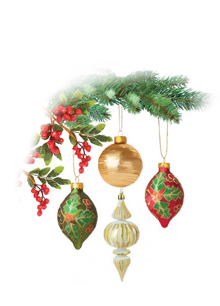 Doble julekort m/rød konvolutt "Tree Decorations" u/tekst