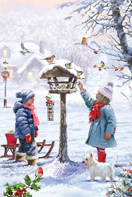Doble julekort m/rød konvolutt "Feeding Birds" u/tekst