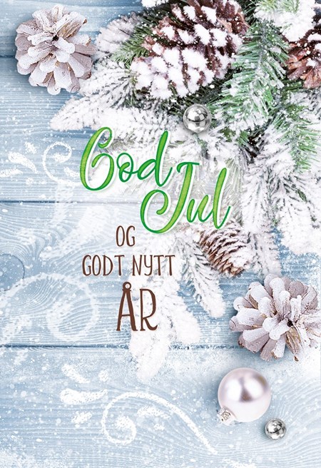 Julekort, dobbelt "Julekuler, kongler og granbar"