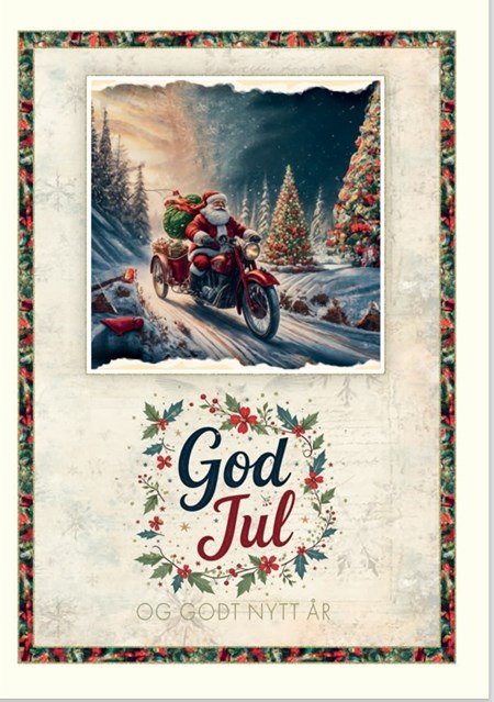 "God Jul og Godt Nytt År" Dbt foliert kort - Nisse på MC