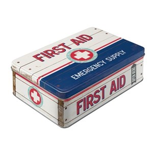 "First Aid" Rektangulær metallboks m/hengslet lokk
