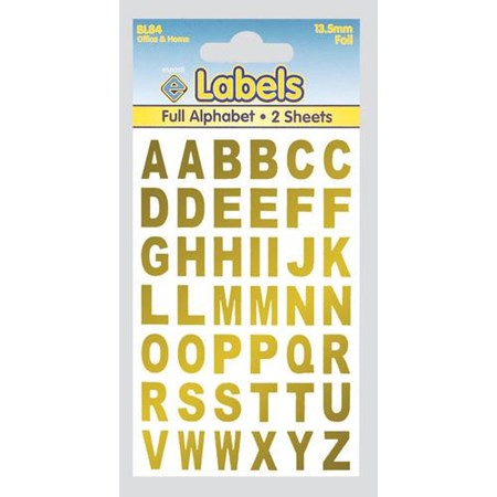 Bokstav-stickers, gull på blank, 13,5 mm, 2 ark