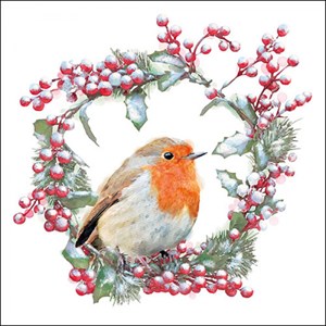 Serviett "Robin in Wreath"  33 x 33 cm, 20 stk