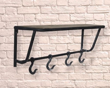 "Industrial Wooden Shelf and Meat Hook Rail" Hatte-hylle